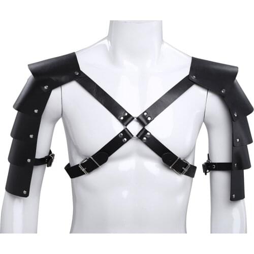 IEFiEL Sexy Men Lingerie Faux Leather Adjustable Body Chest Harness Bondage Costume with Shoulder Armors Buckles Tights Zentai