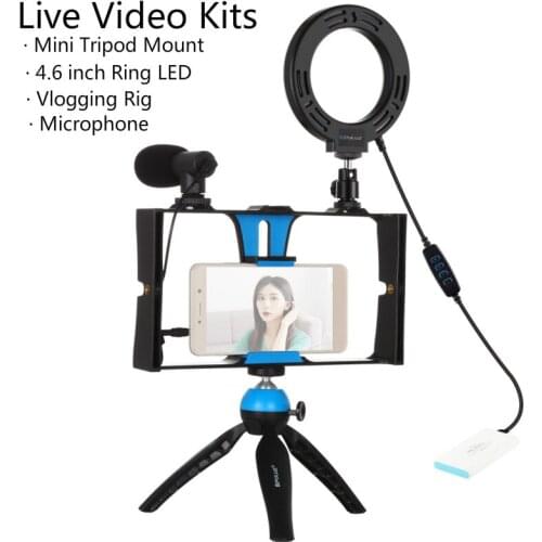 Vlogging Live Broadcast Video Rig Ring LED Selfie Light Kits Microphone Tripod Mount Cold Shoe Tripod Head for iPhone Galaxy