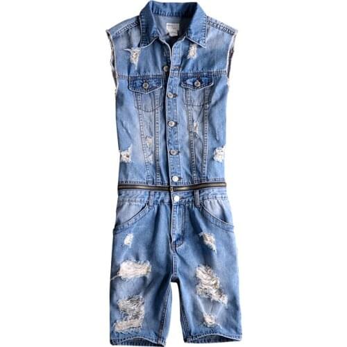 Summer mens sleeveless denim jumpsuit jeans shorts detachable waist casual work clothes overalls