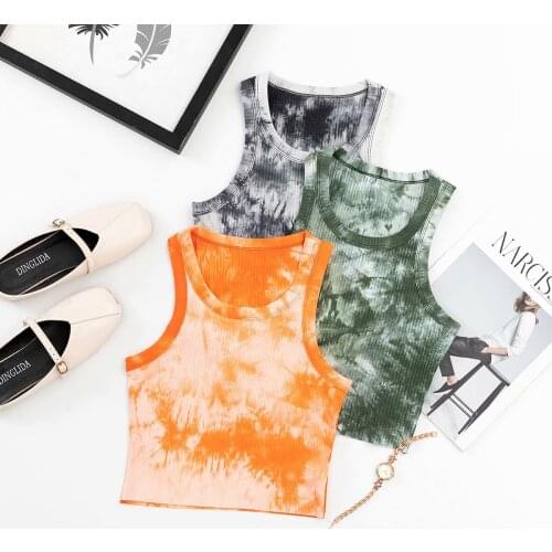 Sexy Tie Dye Knitted Crop Tops Tanks 2021 Summer O Neck Sleeveless Skinny Camisole Casual Slim Stretch Short Vest Clothes