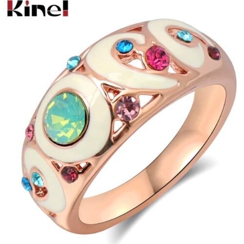 Kinel Fashion Rose Gold Opal Ring Vintage Bride Wedding Jewelry White Enamel Multicolor Crystal Party Rings For Women