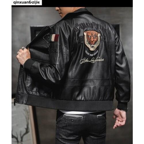Q&Z New Autumn Winter Mens Leather Jacket Zip Up Embroidery Casual Business Solid Simple Slim Fit Jacket Men Clothing 2021