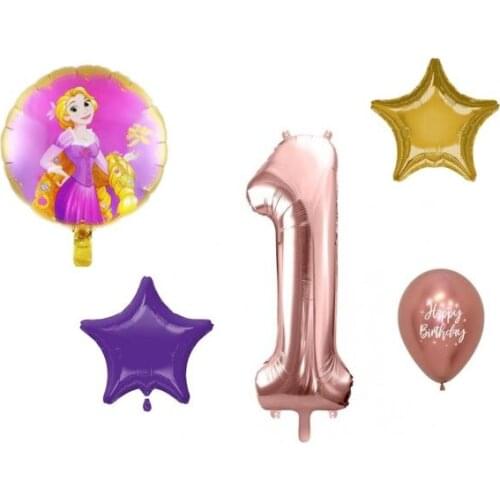 Lot of 5 balloons Rapunzel first birthday balloon number one pink 100 cm balloon Rapunzel 45x50cm 2 stars 20x25cm 1 balloon ro