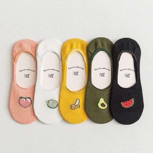 5 Pairs Womens Socks Summer Thin Short Cartoon Fruit Cute Lady Invisible Spring Kawaii Silicone Non-slip Cotton Female Socks