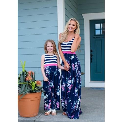 Family new Mother daughter long dresses Striped Flroal Sleeveless Long Dress mother and daughter clothes family matching clothes