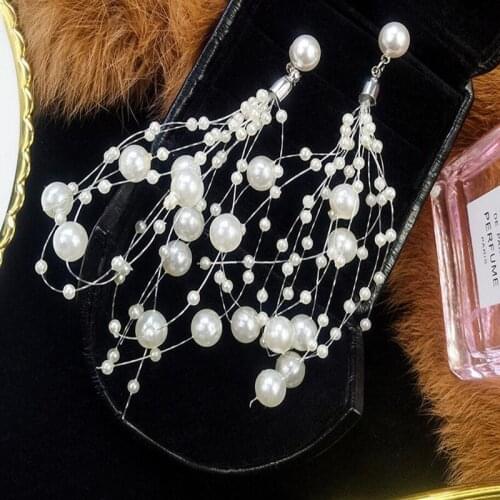 New Fashion Temperament Lady Pearl String Earrings Irregular Geometric Pearl Long Tassel Net Red Earrings