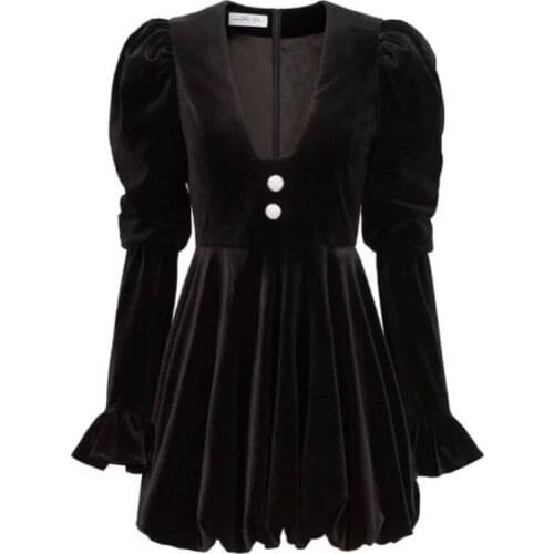 Rein New 8673 La winter velvet bud s hubble bubble sleeve low cut brought French dress