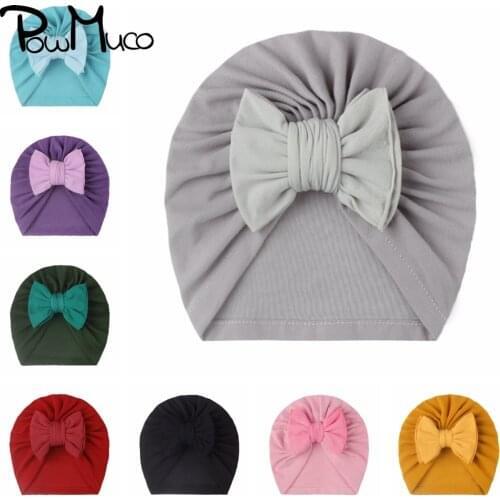 Powmuco 1 PCS Double Layer Bowknot Baby Girls Turban Hat Solid Color Handmade Bows Newborn Caps Fashion Warm Infant Headwear