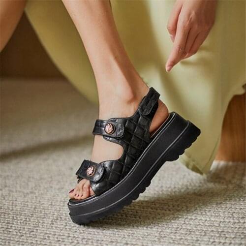 PXELENA Sheepskin Genuine Leather Punk Gothic Sandals Women Chunky High Heels Platform Shoes Button 2021 Summer Plus Size 34-42
