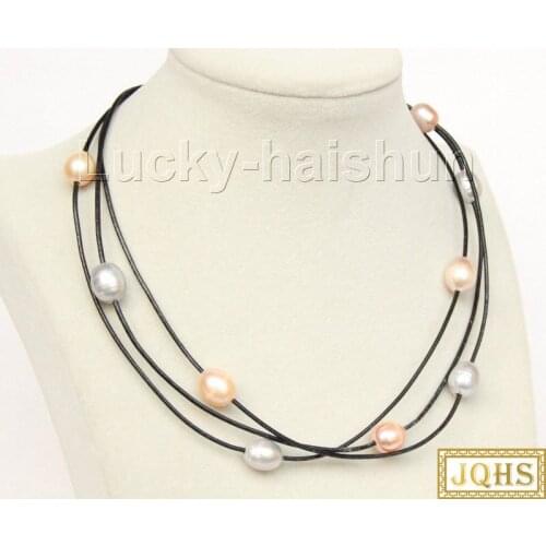 Adjustable 3row gray pink purple freshwater pearls black leather necklace j9926