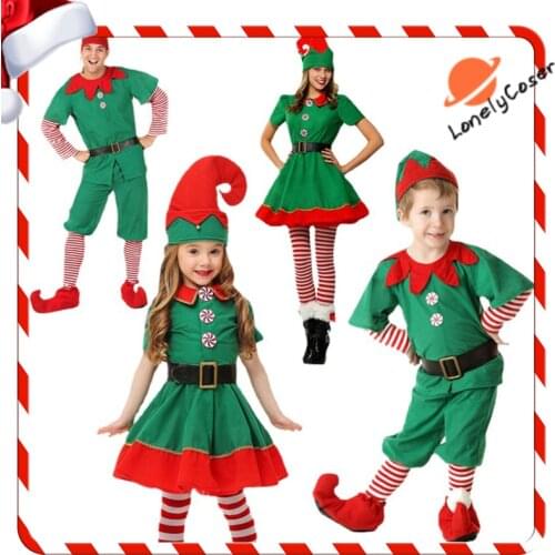 Christmas Elf Family Cosplay Costumes Santa Claus Green Dress Xmas Elves Parent-Child Matching Outfits Hat Happy New Year Party