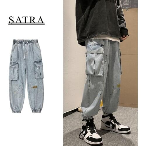 SATRA 2021 New Arrival Spring High Quality Chic splash-ink Jeans Men ,Mens Fashion Loose Casual Haren Pants,Ankle Banded Pants