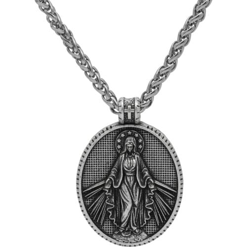Silver Virgin Mary Mens Necklace, Miracolus Virgin Mary Pendant, Religious Chatholic Mens Gift Necklace