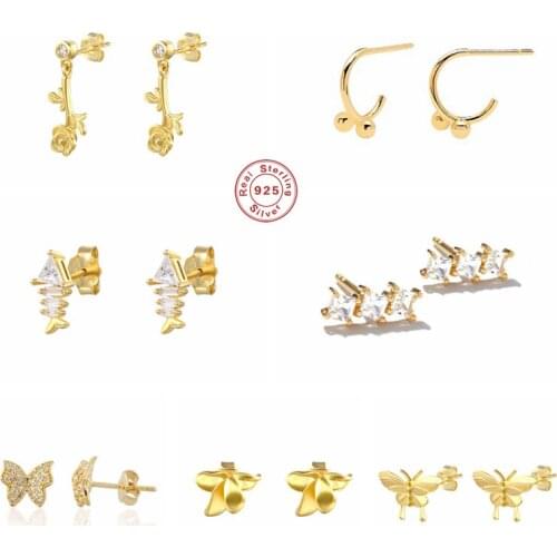 Aide 925 Sterling Silver White Zircon Rose Flower Butterfly Stud Earrings For Women Crystal Fish Beads Small Ear Stud Jewelry
