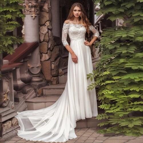 Modest Lace Wedding Dresses 2020 Boat Neck Bride Dress 3/4 Sleeves Sexy Chiffon Beach Bridal Gown Robe De Mariee