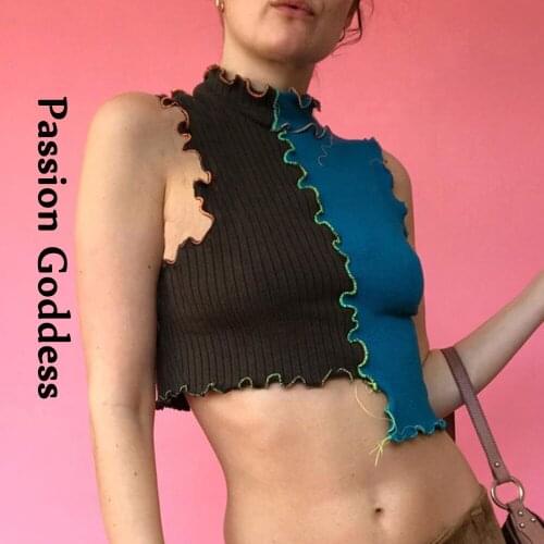 Patchwork Cropped Top Elegant Women Ribbed Knitting Slim Tank Tops Femme Patchwork Line Vest Punk Style Summer Basic Tees Female