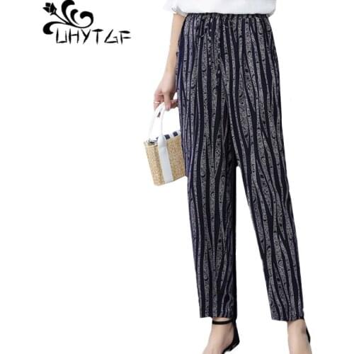 UHYTGF Women fashion pants printing cotton silk straight casual summer trousers female elegant mother loose thin sweatpants 1144