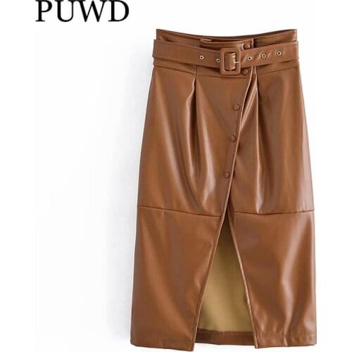 PUWD Women Brown Faux Leather Skirt 2021 Autumn Fashion Ladies Solid Side Slit Sashes Skirt Female Patchwork Zipper Skirt