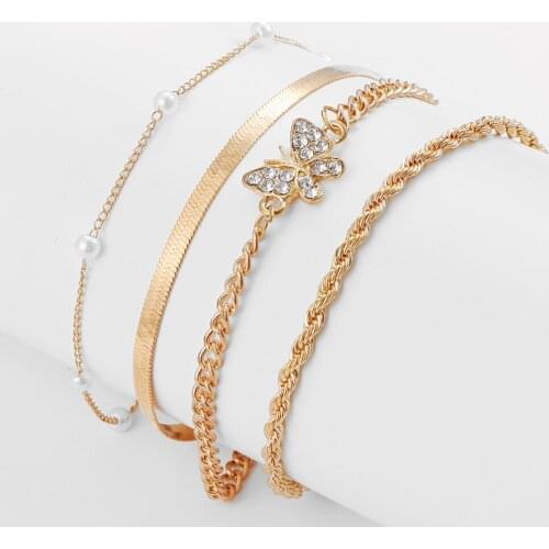2021 Vintage Crystal Butterfly Pearl Multilayer Beach Anklet for Women Summer Metal Crystal Butterfly Anklet Leg Jewelry Gift