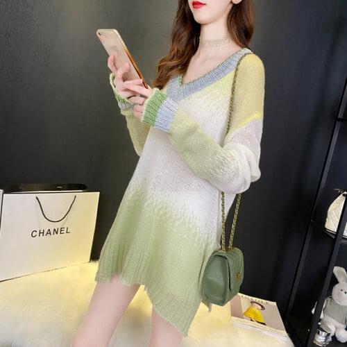 Female Pullover Knit Sweater Womens Long-sleeved All-match Thin Section Mid-length Sweater Ladies Loose Casual Dresses Autumn