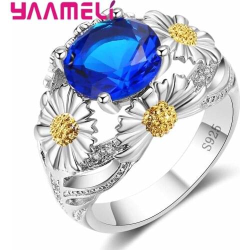 Chrysanthemum Jewelry With Austrian Crystals Ring 925 Sterling Silver Ring Round Blue Green Red Crystal Wholesale
