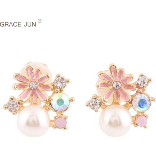 2018 New Fashion Square Crystal Pearl Enamel Flower Clip on Earrings Without Piercing for Girls Party Needn't Ear Hole Earings