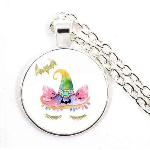 2019 New Hot Unicorn Necklace Glass Gem Charm Jewelry Silver Plated Women Halloween Hollow Witch Necklace Gifts For Kids