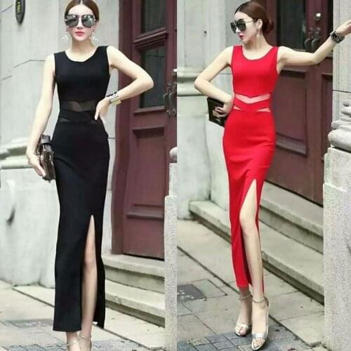 2021 Summer See Through Patchwork Mesh Long Dress Sexy Sleeveless Black V Neck Bodycon Club Party Maxi Dresses for Women Y681