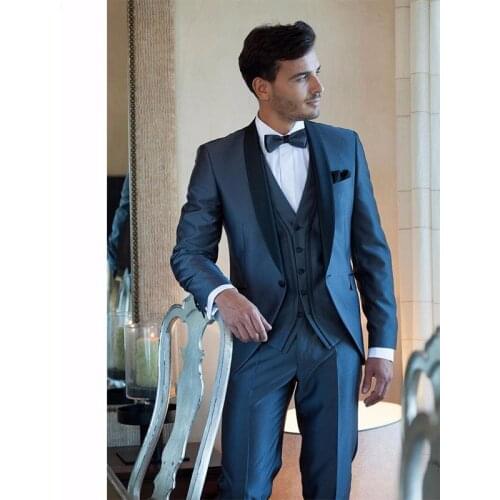 2021 Navy Blue Men Suit Custom Made Mens Tuxedos Slim Fit Grooms Men Wedding Suits With Pants Shawl Lapel Jacket+Pants+Tie +Vest