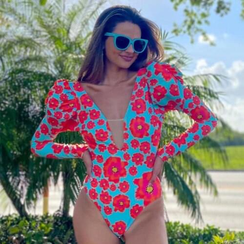 2021 Swimwear Women Long Sleeves Swimsuit Flower Printed Puff sleeve One piece Swimsuit Bodysuit Beachwear