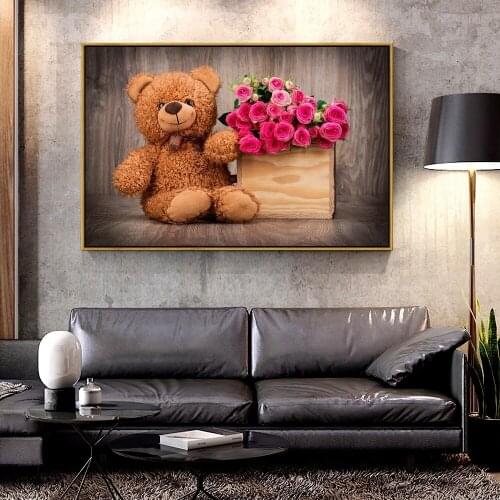 Artcozy Oil Canvas Painting roses_basket_bouquet_bear_love_mood For Home Decoration Wall Art