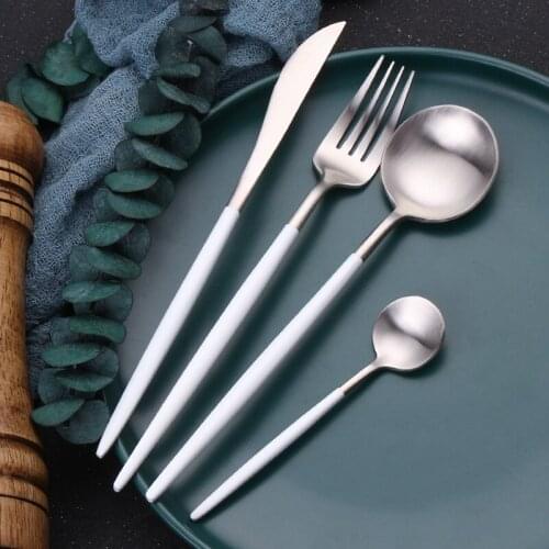 White Silver Cutlery Set Gold Forks Flatware Set Dinner Knife Tableware Golden Dinnerware Steel Spoon Utensils Set Dropshopping