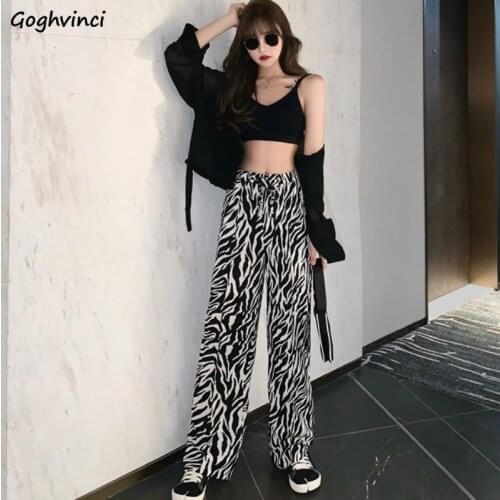 Women Casual Pants Elastic Waist Zebra Striped Straight Full Length High Street Harajuku Fashion Chic Popular Soft Females New
