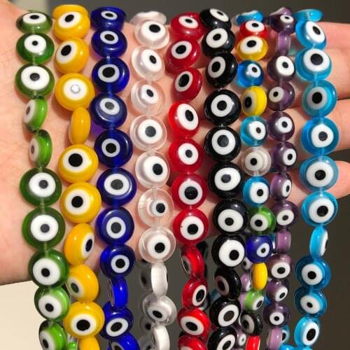Colorful Evil Eye Flat Round Beads Lampwork Glazed Millefiori Glass Loose Beads for Bracelet Necklace DIY Jewelry Making 15inch