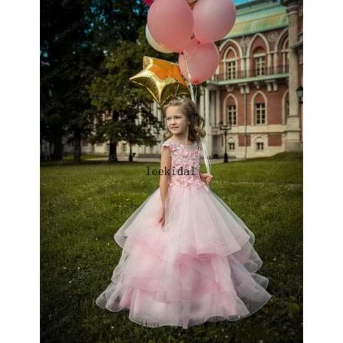 Layered Ruffles Kids Formal Wear Gowns Girls Pageant Dresses Blush Pink Flower Girl Dresses Long Sleeves with Hand Made Flowers