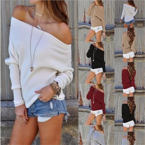 Tissbely Hot 2018 Autumn Winter New Sexy Long Sleeved Slash Neck Sweater White Black Grey