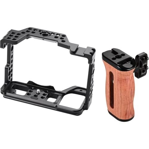 Camera Cage + Side Wooden Handle Kit Video Film Movie Making Stabilizer Aluminum Alloy w/ Cold Shoe for Sony A7R IV A7R4 Camera