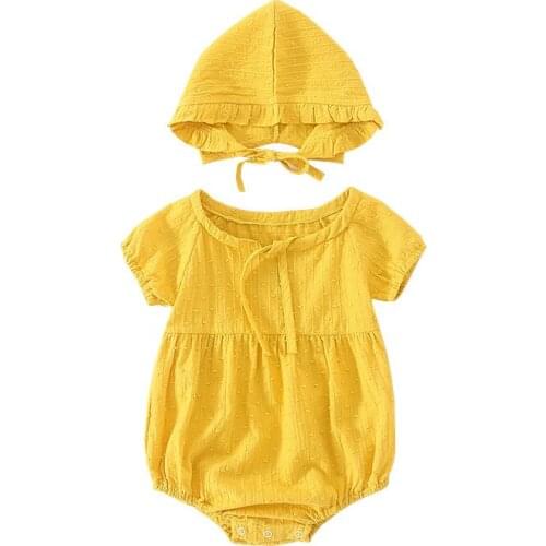 2021 Summer Baby Girl Bodysuits Newborn Twins Clothes Pure Cotton Infants 0-24m Yellow Jumpsuit+hats 2pcs Princess Kids Outfits