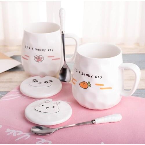 Cute Cartoon Ceramics Cat Mug With Lid And Spoon Coffee Milk Tea Mugs Breakfast Cup Creative Drinkware Novelty Gifts