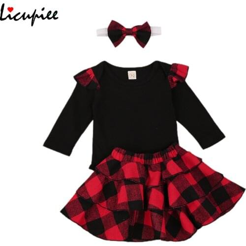 Christmas Baby Girls Clothes Sets 3pcs Ruffles Long Sleeve Solid Romper Tops+plaid Bib Strap Dress Headband 0-18 Months