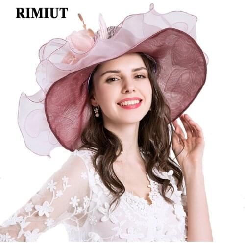 Rimiut Women Mesh Kentucky Derby Church Sun Hat With Floral Summer Wide Brim Cap Wedding Party Hats Beach Sun Protection Caps