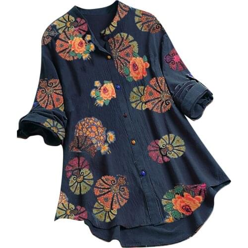 Womens Elegant Blouse Casual Flower Print Plus Size Blusas Mujer Long Sleeve O-neck Button Loose Shirt Top Harajuku Lady Blouse