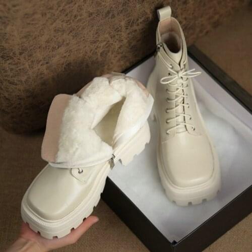 Sianie Tianie Genuine Natural Leather Square Toe Goth Boots Woman Winter Warm Wool Fur Inside Platform Snow Boots Big Size 42