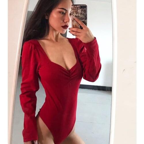 European American Women Jumpsuits Street Style Casual Skinny Slim Bodycon Solid Bodysuit Women V-neck Long Sleeve Clothes Spring