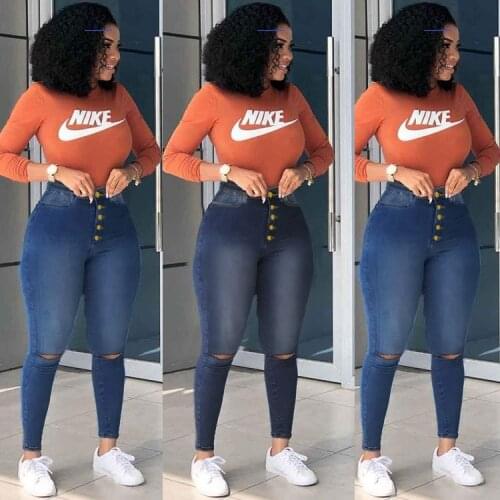FNOCE 2020 new womens ripped jeans pants fahsion street all-match solid high waist tight stretch slim hole denim pencil pants