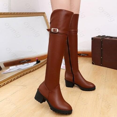 Women Over The Knee Boots Natural Genuine Leather Chunky High Heel Shoes Flower Zipper Rhinestone Long Boots