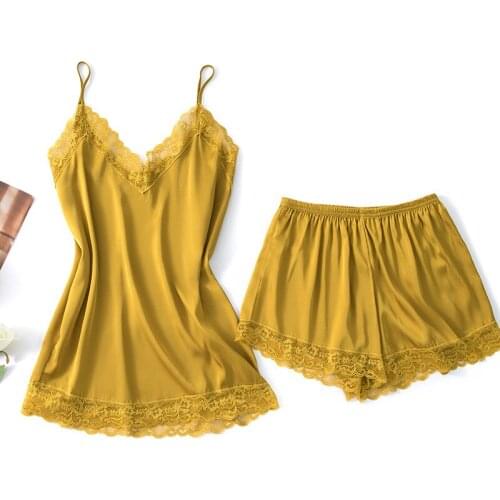 2PCS Pajamas Suit Women Satin Silky Sleep Set Lace Patchwork Nightwear Intimate Lingerie Casual Home Clothes Strap Top&Shorts