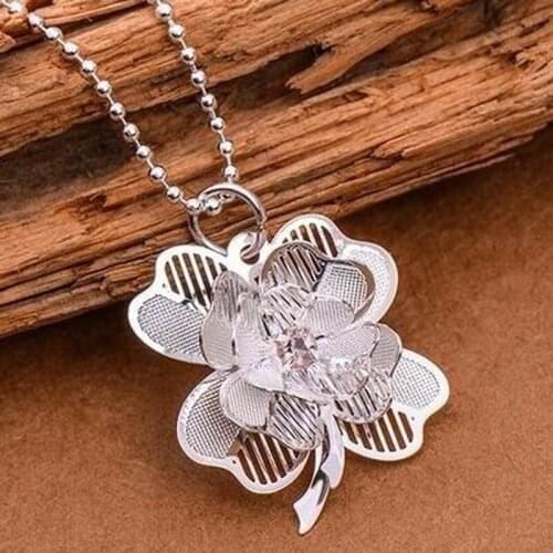 Fashion Women 925 Sterling plate 4 Leaf Clover Hollow Out Rhinestone Crystal Pendant Necklace Jewelry Gifts