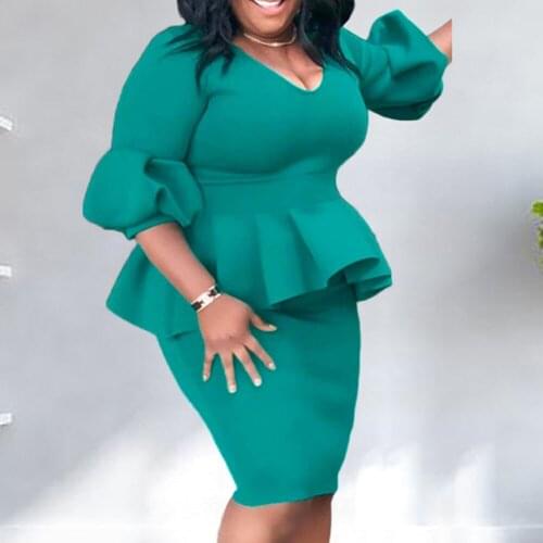 New Plus Size Women Clothing Ruffle Solid Color Buttocks V-neck Lantern Sleeve Fashion Autumn 2021 Commute Europe America Dress