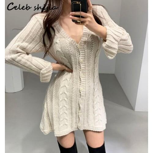 SHIJIA Knit Dress for Woman V-neck Autumn Winter Apricot Twist Sweater Dress Vestido Female Long Sleeve Sexy Party Bodycon Fall